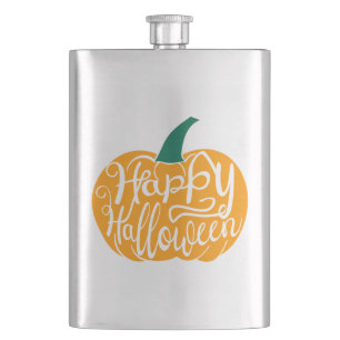 Happy Halloween lettering on carved pumpkin Flask