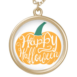 Happy Halloween lettering on carved pumpkin Gold Plated Necklace