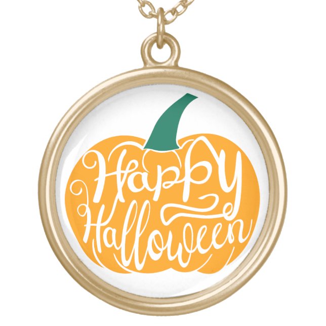 Happy Halloween lettering on carved pumpkin Gold Plated Necklace (Front)