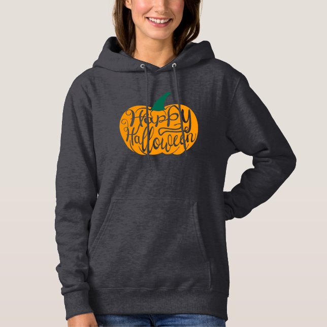 Happy Halloween lettering on carved pumpkin Hoodie (Front)