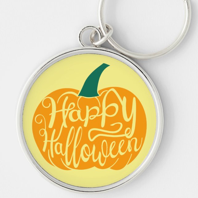 Happy Halloween lettering on carved pumpkin Keychain (Front)