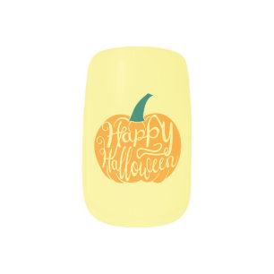 Happy Halloween lettering on carved pumpkin Minx Nail Art