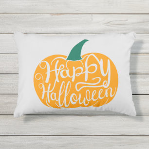 Happy Halloween lettering on carved pumpkin Outdoor Pillow