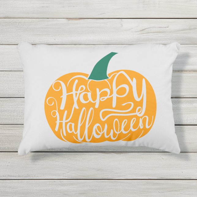 Happy Halloween lettering on carved pumpkin Outdoor Pillow (Front)