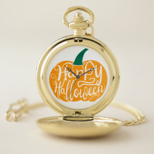 Happy Halloween lettering on carved pumpkin Pocket Watch