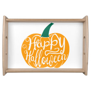 Happy Halloween lettering on carved pumpkin Serving Tray