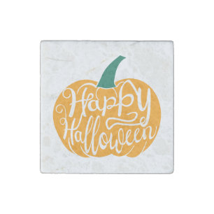 Happy Halloween lettering on carved pumpkin Stone Magnet