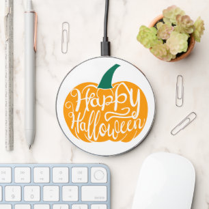 Happy Halloween lettering on carved pumpkin Wireless Charger
