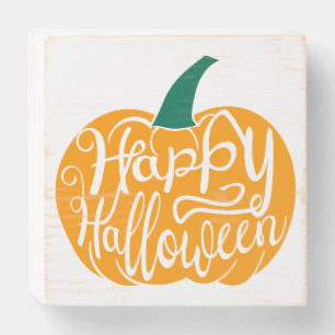 Happy Halloween lettering on carved pumpkin Wooden Box Sign