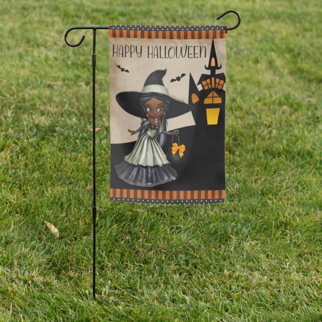Happy Halloween Little African American Witch Garden Flag (In SItu)