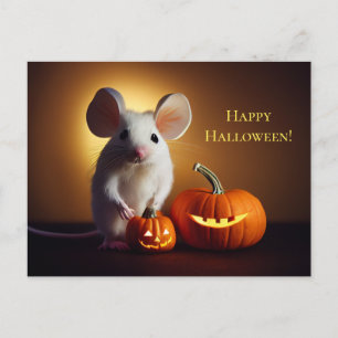 Happy Halloween. Little cute mouse with pumpkin Postcard