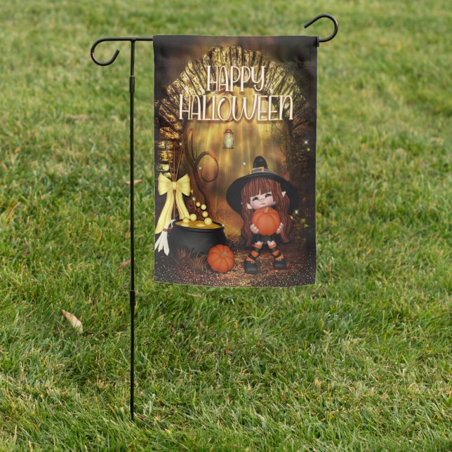 Happy Halloween Little Pumpkin Witch Garden Flag (In SItu)