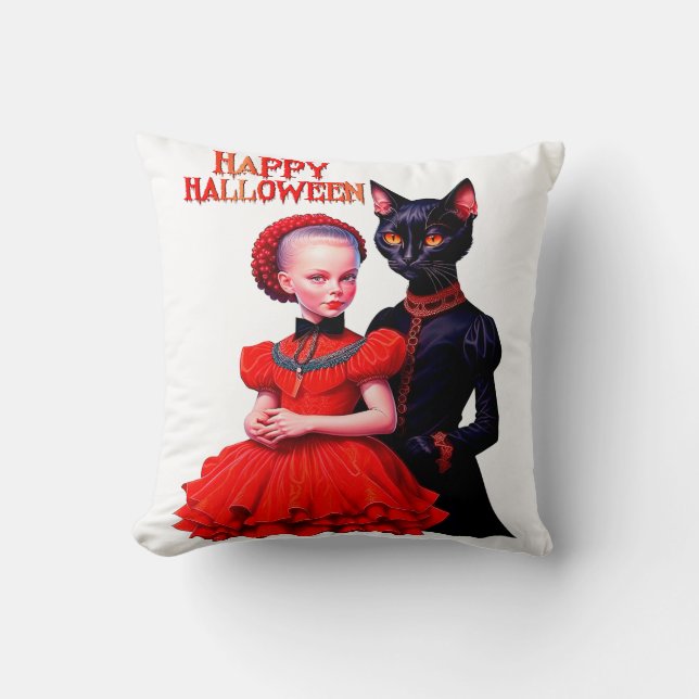 Happy Halloween Little Witch And Her Black Cat Throw Pillow (Front)