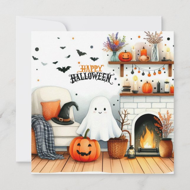 Happy Halloween Living Room with Ghost  Holiday Card (Front)