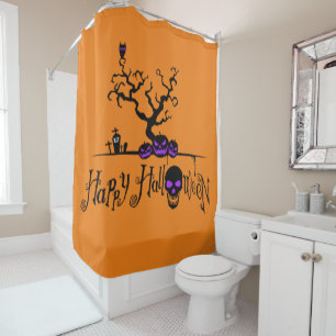 Happy Halloween Logo and Pumpkins and Skull Shower Curtain