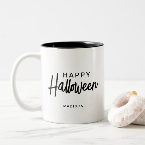Happy Halloween Modern Black White Script Monogram Two_Tone Coffee Mug