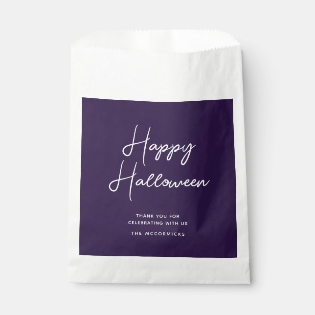 Happy Halloween Modern Purple Script Name Candy Favor Bag (Front)