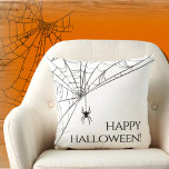 Happy Halloween Modern Spider Black White Throw Pillow<br><div class="desc">On on side a fun black spider web and spider with the phrase,  "Happy Halloween!" on white. The back side is black with a white spider and family last name. Great,  modern Halloween decor.</div>