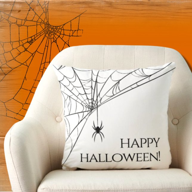 Happy Halloween Modern Spider Black White Throw Pillow (Creator Uploaded)