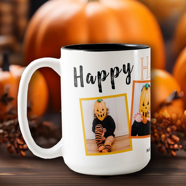 Happy Halloween Monogrammed Photo Collage Two-Tone Coffee Mug (Take your morning cup of joe to a spook-tacular level this Halloween season with our Halloween Mug)