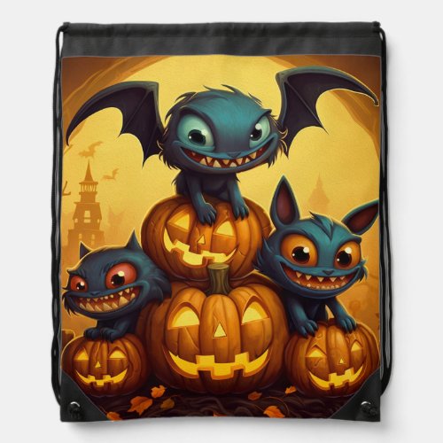Happy Halloween monster bats smile in the cave Drawstring Bag