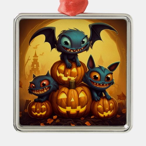 Happy Halloween monster bats smile in the cave Metal Ornament