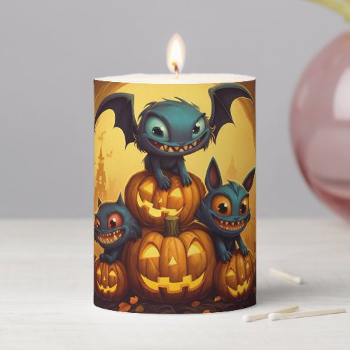 Happy Halloween monster bats smile in the cave Pillar Candle