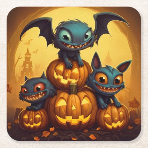 Happy Halloween monster bats smile in the cave Square Paper Coaster