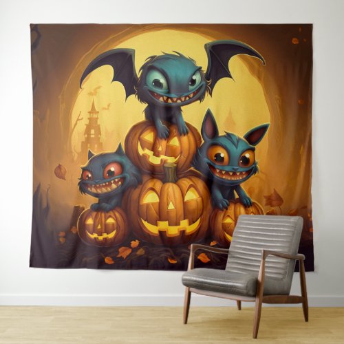 Happy Halloween monster bats smile in the cave Tapestry