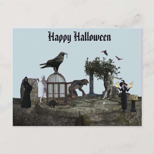 Happy Halloween Monster Scene Werewolf Zombie Postcard