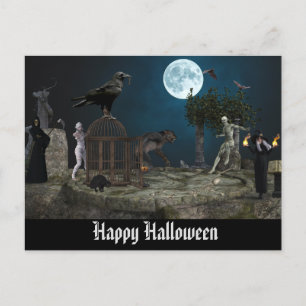Happy Halloween Monster Scene Werewolf Zombie Postcard