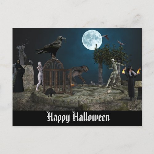 Happy Halloween Monster Scene Werewolf Zombie Postcard