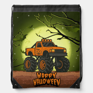 Happy Halloween Monster Truck with bats and moon Drawstring Bag