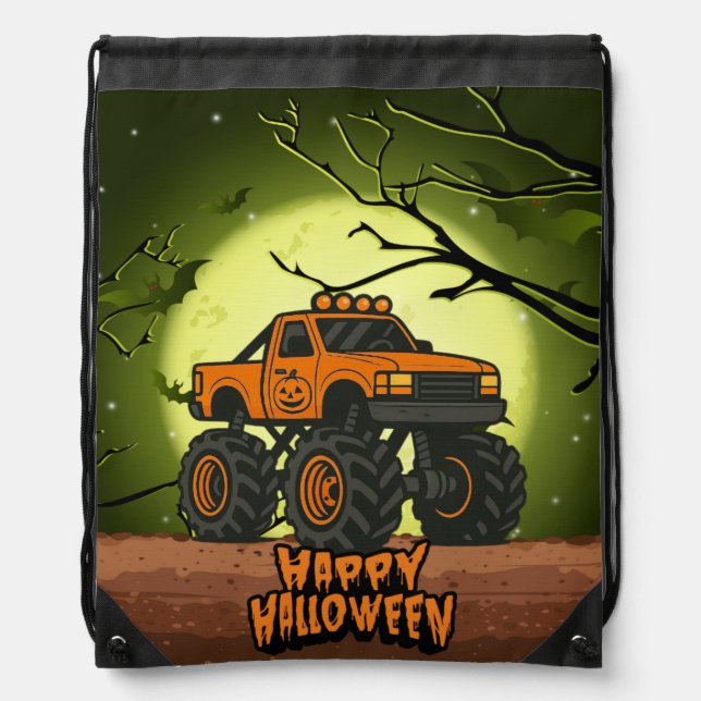 Happy Halloween Monster Truck with bats and moon Drawstring Bag (Front)