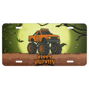 Happy Halloween Monster Truck with bats and moon License Plate