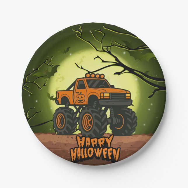 Happy Halloween Monster Truck with bats and moon Paper Plates (Front)