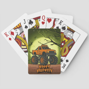 Happy Halloween Monster Truck with bats and moon Poker Cards