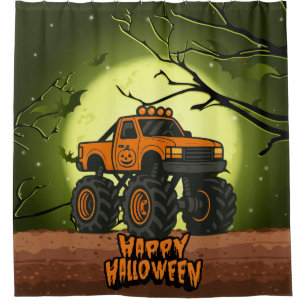 Happy Halloween Monster Truck with bats and moon Shower Curtain