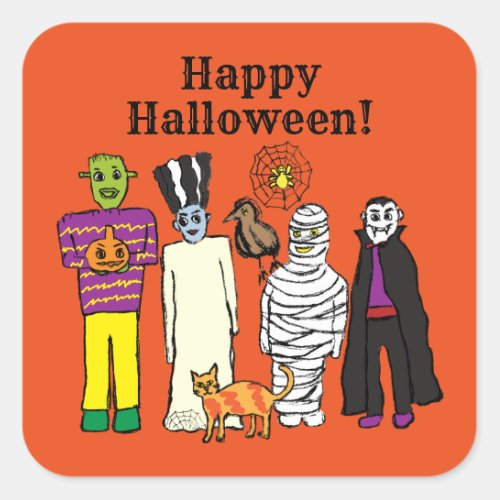 Happy Halloween Monsters Favor Square Sticker