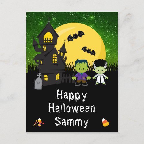Happy Halloween Monsters Green Holiday Postcard