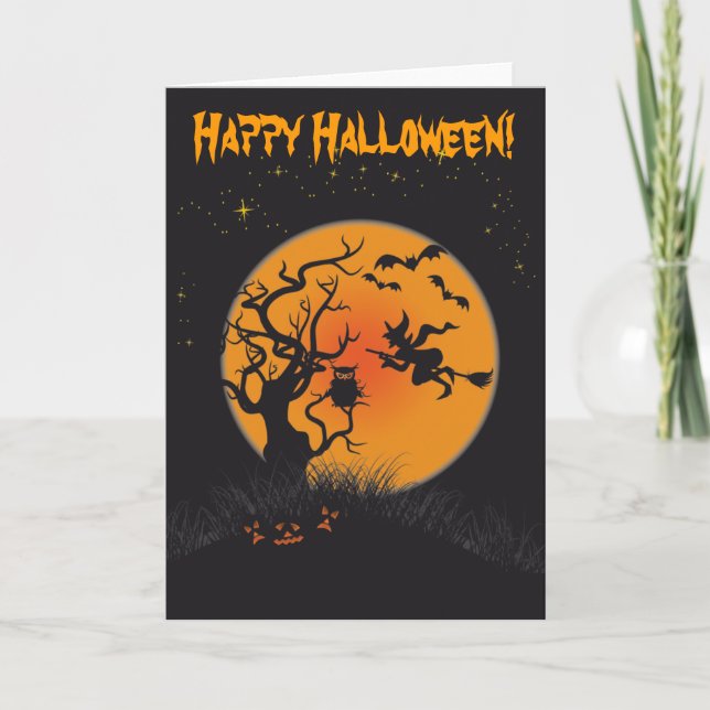 Happy Halloween Moon and Witch 2 Card (Front)