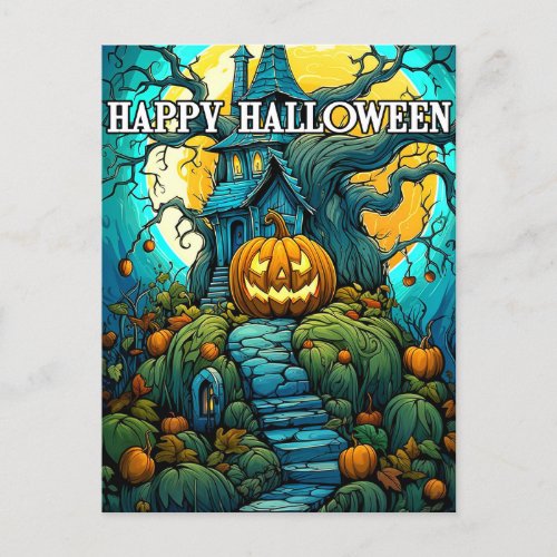 Happy Halloween Moon_lit Haunted House Postcard