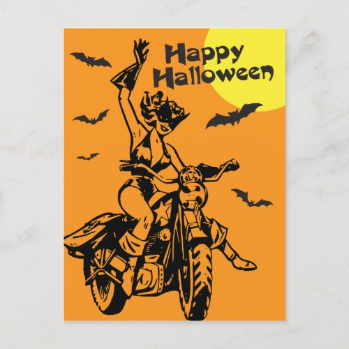 Happy Halloween motorcycle woman in cat costume Postcard