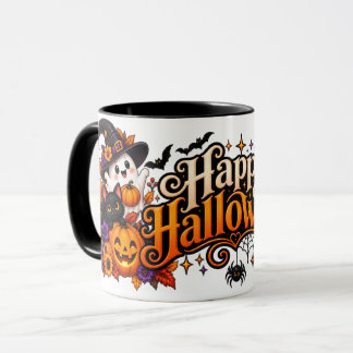 Happy Halloween Mug with Cute Ghosts, Black Cats