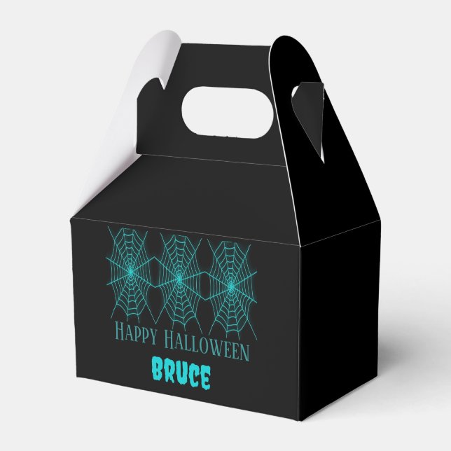 Happy Halloween neon blue spiderweb black Favor Boxes (Front Side)