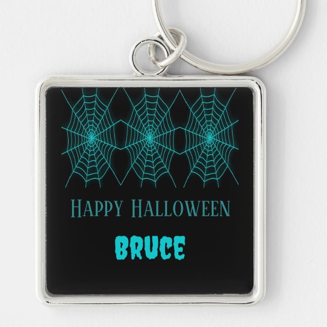 Happy Halloween neon blue spiderweb black Keychain (Front)