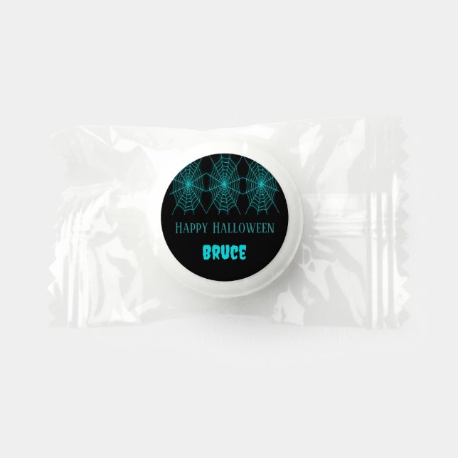 Happy Halloween neon blue spiderweb black Life Saver® Mints (Front)