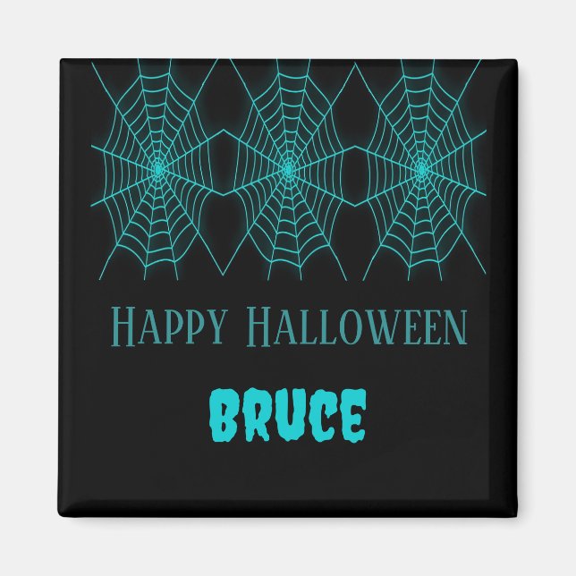 Happy Halloween neon blue spiderweb black Magnet (Front)