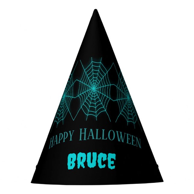 Happy Halloween neon blue spiderweb black Party Hat (Front)