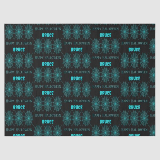 Happy Halloween neon blue spiderweb black Tissue Paper (Front)